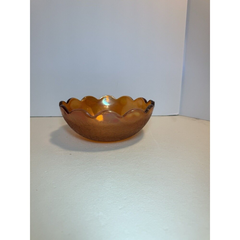 Vintage Amber Carnival Glass Bowl Scalloped Rim Iridescent Crackle 7”